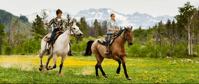 Confident plus-size woman riding Tetbury a horse through a field with a smile on her face.